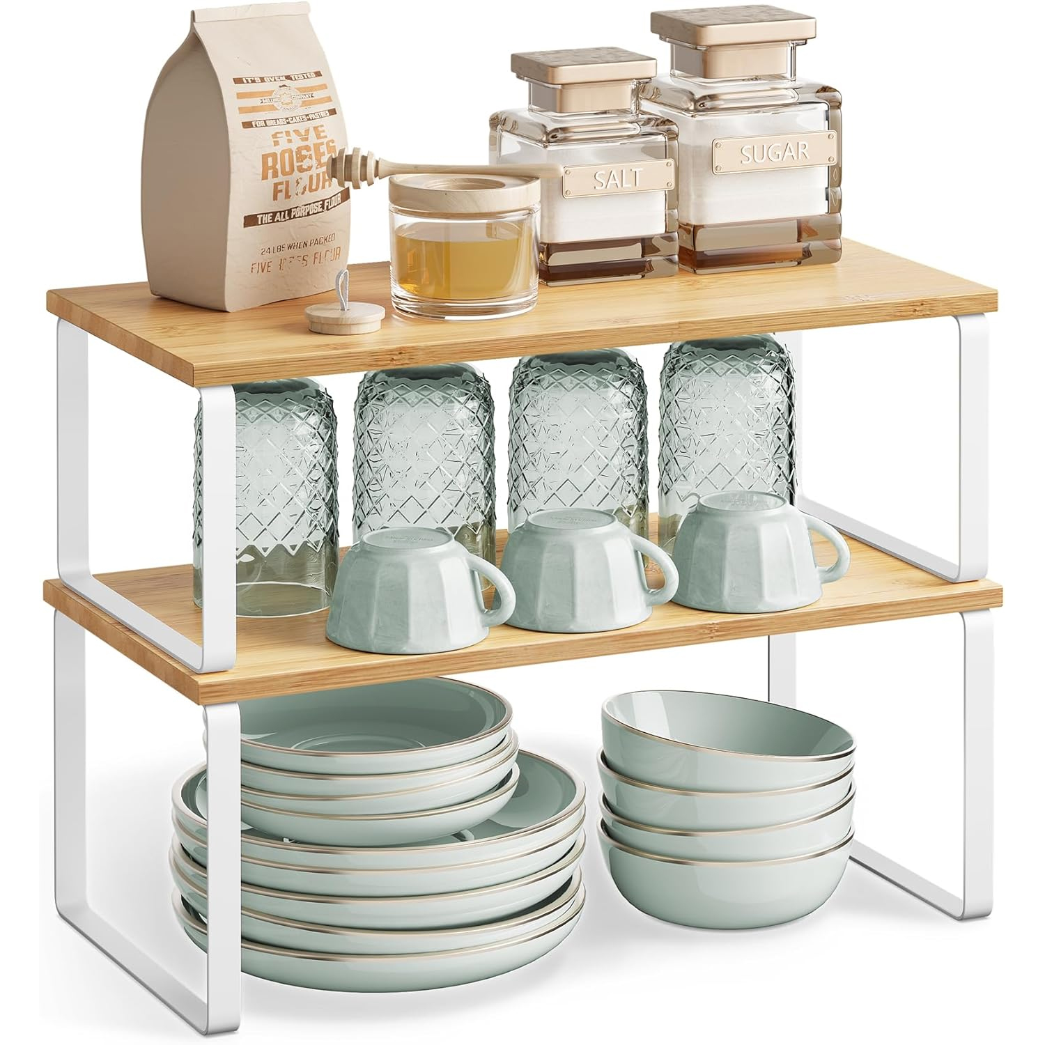 SONGMICS Raft organizator condimente extensibil set 2 bucati, metal si PAL, suprapozabil, 39x19x15 cm, maro natur - imagine 8