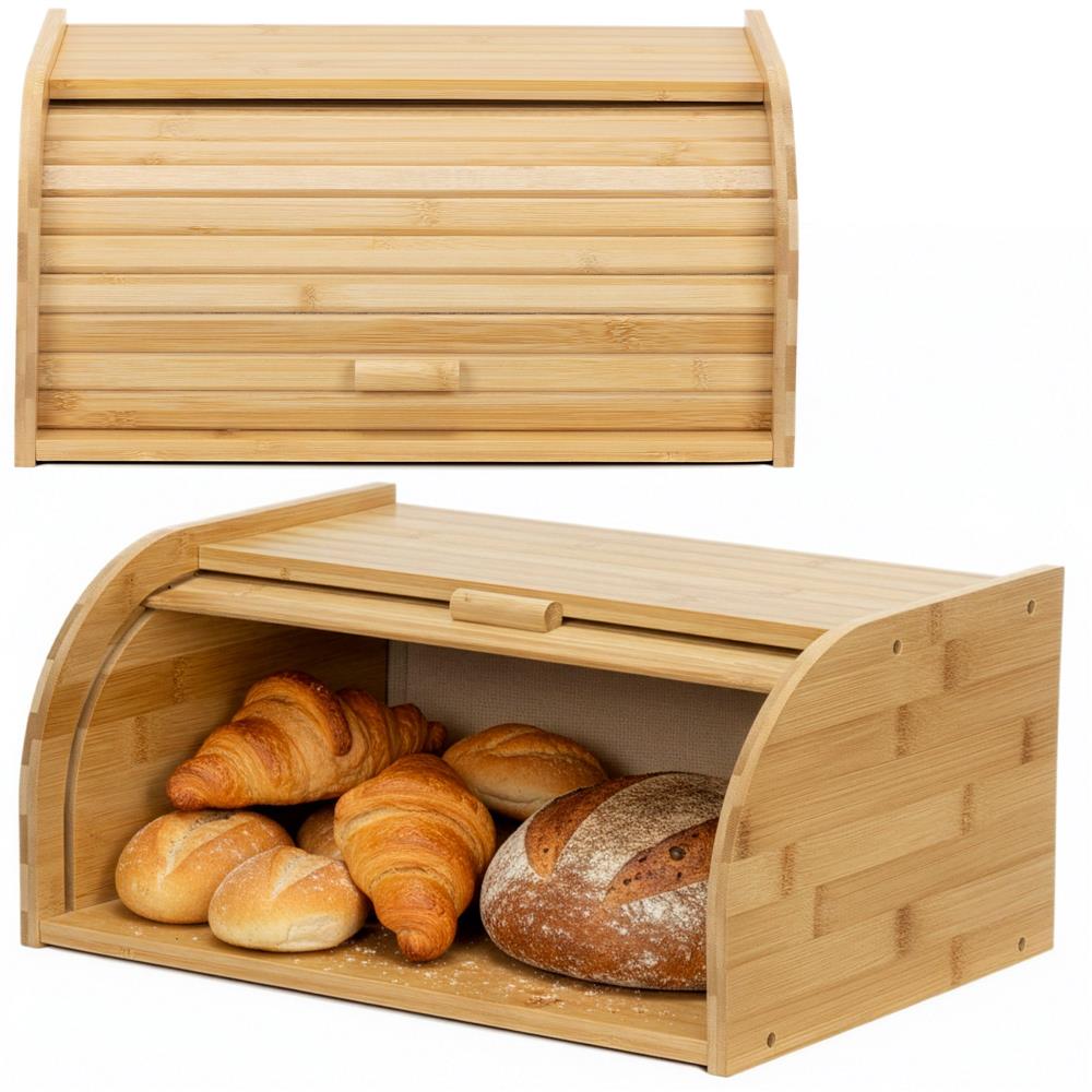 Cutie pentru paine din bambus cu capac glisant, raft superior, 38x28x18 cm, bambus natur maro - imagine 2