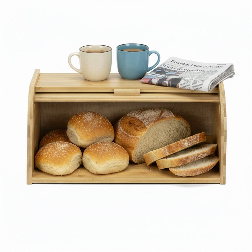 Cutie pentru paine din bambus cu capac glisant, raft superior, 38x28x18 cm, bambus natur maro - imagine 13