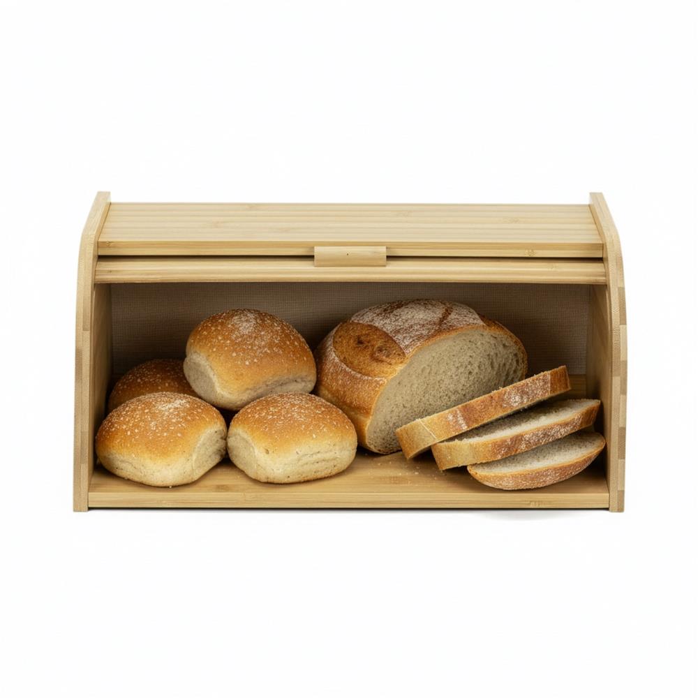 Cutie pentru paine din bambus cu capac glisant, raft superior, 38x28x18 cm, bambus natur maro - imagine 14