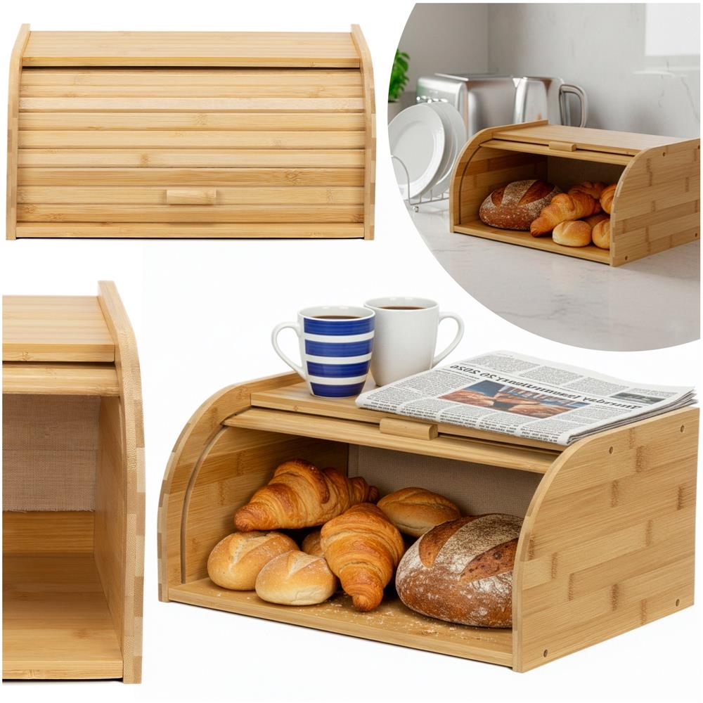 Cutie pentru paine din bambus cu capac glisant, raft superior, 38x28x18 cm, bambus natur maro - imagine 3