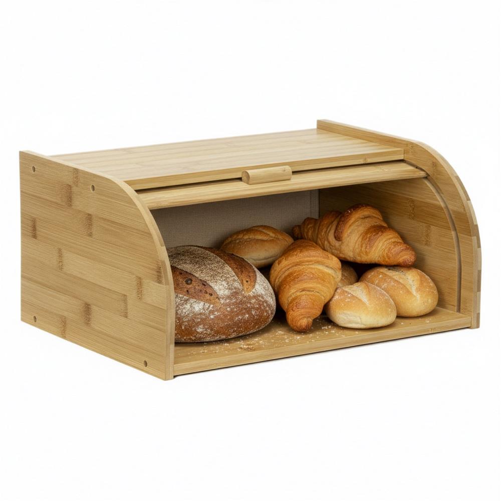 Cutie pentru paine din bambus cu capac glisant, raft superior, 38x28x18 cm, bambus natur maro - imagine 7