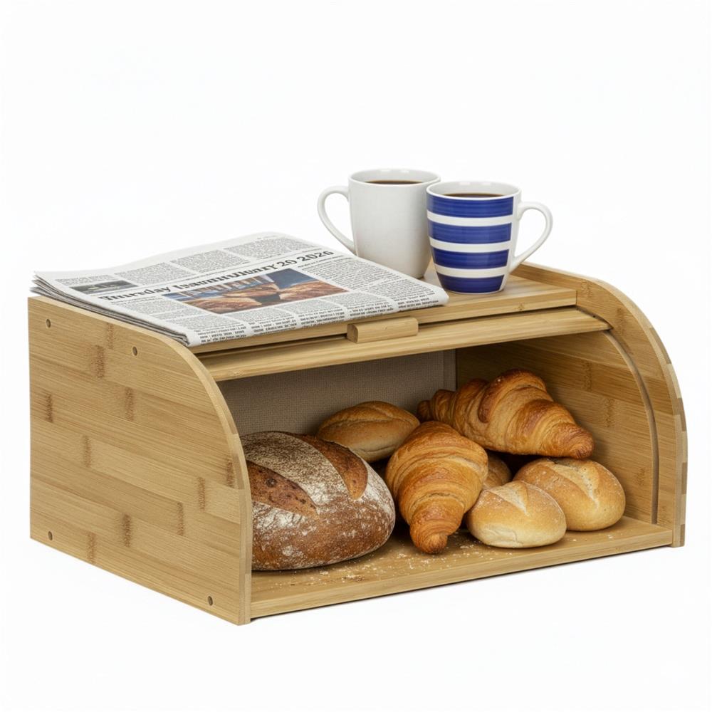 Cutie pentru paine din bambus cu capac glisant, raft superior, 38x28x18 cm, bambus natur maro - imagine 8