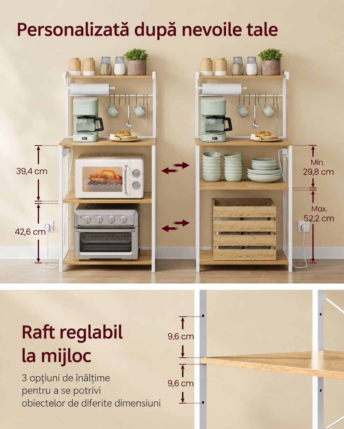 VASAGLE Raft pentru bucatarie cu 4 polite, suport microunde, priza incorporata, cadru metalic, 60x40x140 cm, stejar auriu si alb - imagine 3