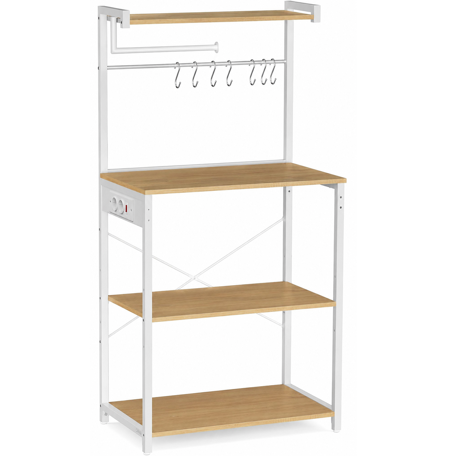 VASAGLE Raft pentru bucatarie cu 4 polite, suport microunde, priza incorporata, cadru metalic, 60x40x140 cm, stejar auriu si alb