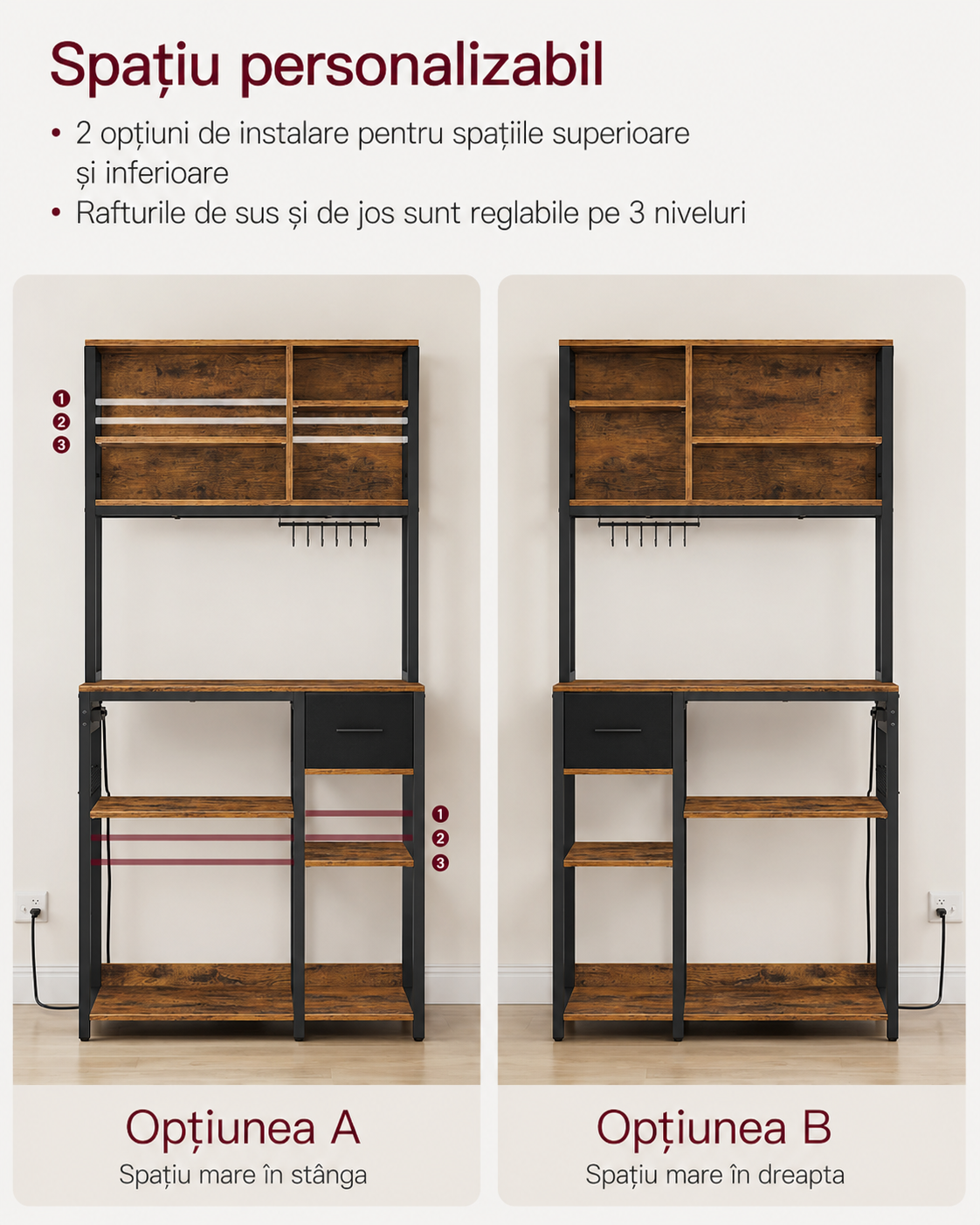 VASAGLE Raft bucatarie cu sertar si 12 carlige, 4 rafturi reglabile, 4 prize incorporate, stil industrial, 80x40x180 cm, maro rustic - imagine 6