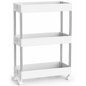 SONGMICS Carucior ingust de depozitare pe roti, pentru bucatarie sau baie, din plastic, cu 3 nivele, 42x14x61 cm, alb