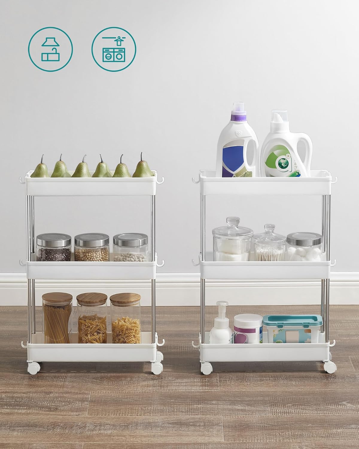 SONGMICS Carucior ingust de depozitare pe roti, pentru bucatarie sau baie, din plastic, cu 3 nivele, 42x14x61 cm, alb - imagine 7
