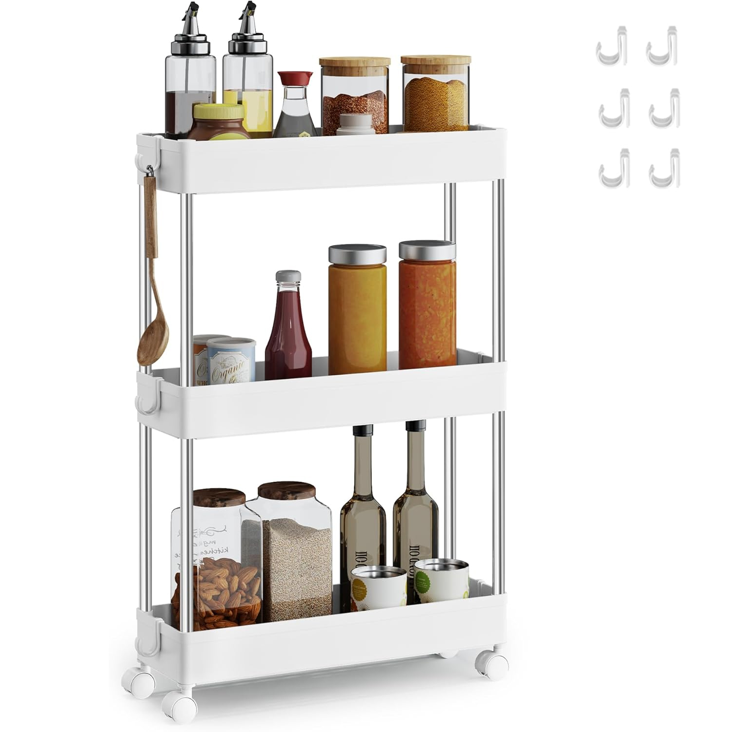 SONGMICS Carucior ingust de depozitare pe roti, pentru bucatarie sau baie, din plastic, cu 3 nivele, 42x14x61 cm, alb - imagine 8