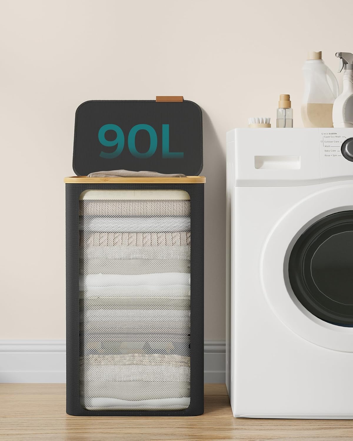 SONGMICS Cos de rufe textil, pliabil, compartiment detasabil, 90L, 42x32x71 cm, negru - imagine 5