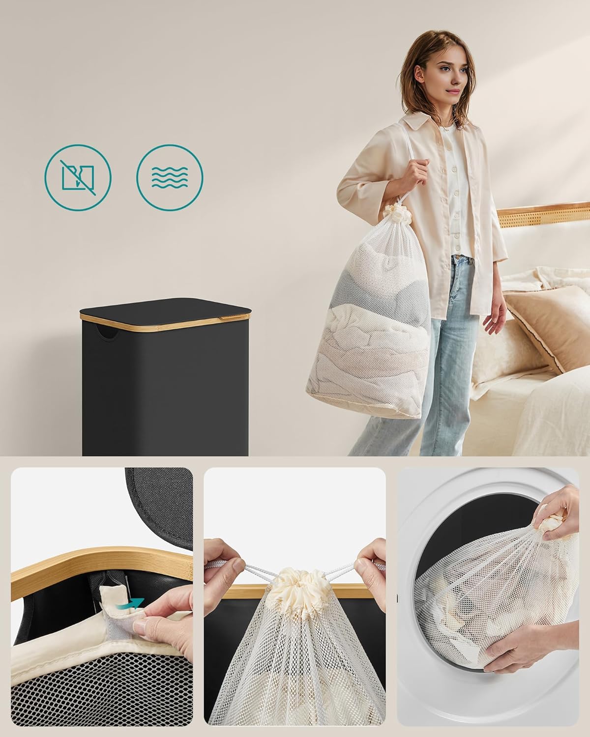 SONGMICS Cos de rufe textil, pliabil, compartiment detasabil, 90L, 42x32x71 cm, negru - imagine 6