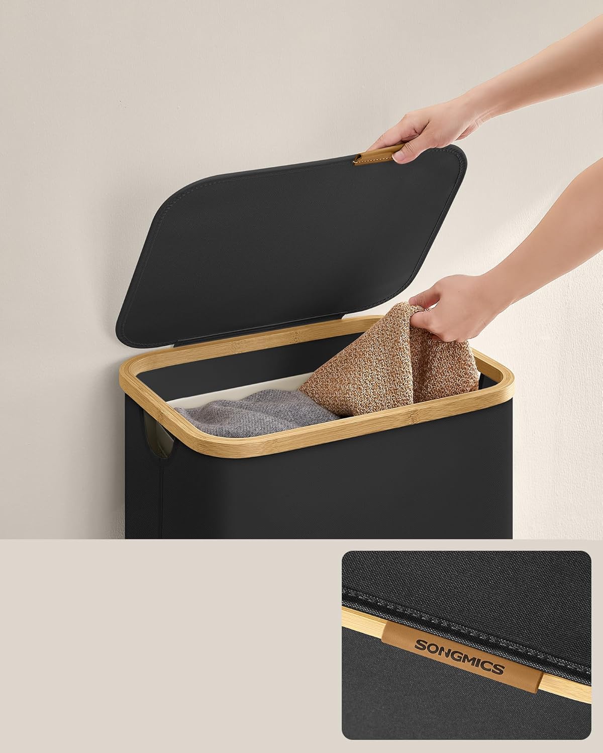 SONGMICS Cos de rufe textil, pliabil, compartiment detasabil, 90L, 42x32x71 cm, negru - imagine 8