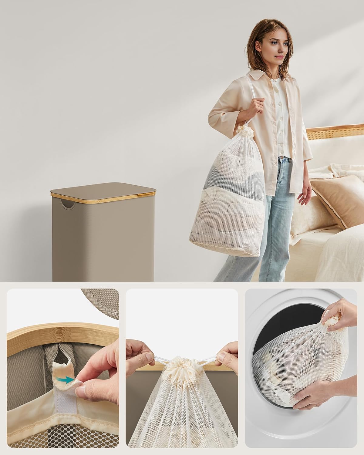 SONGMICS Cos de rufe textil, pliabil, compartiment detasabil, 90L, 42x32x71 cm, maro - imagine 4