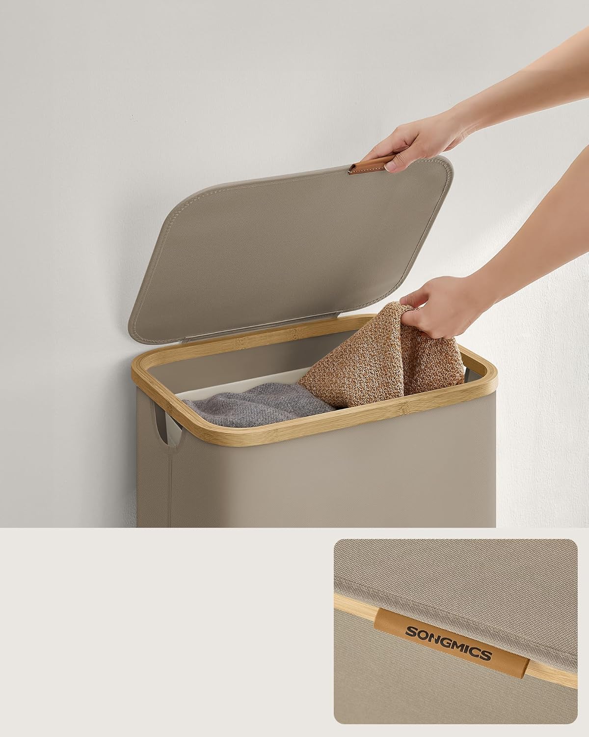 SONGMICS Cos de rufe textil, pliabil, compartiment detasabil, 90L, 42x32x71 cm, maro - imagine 5