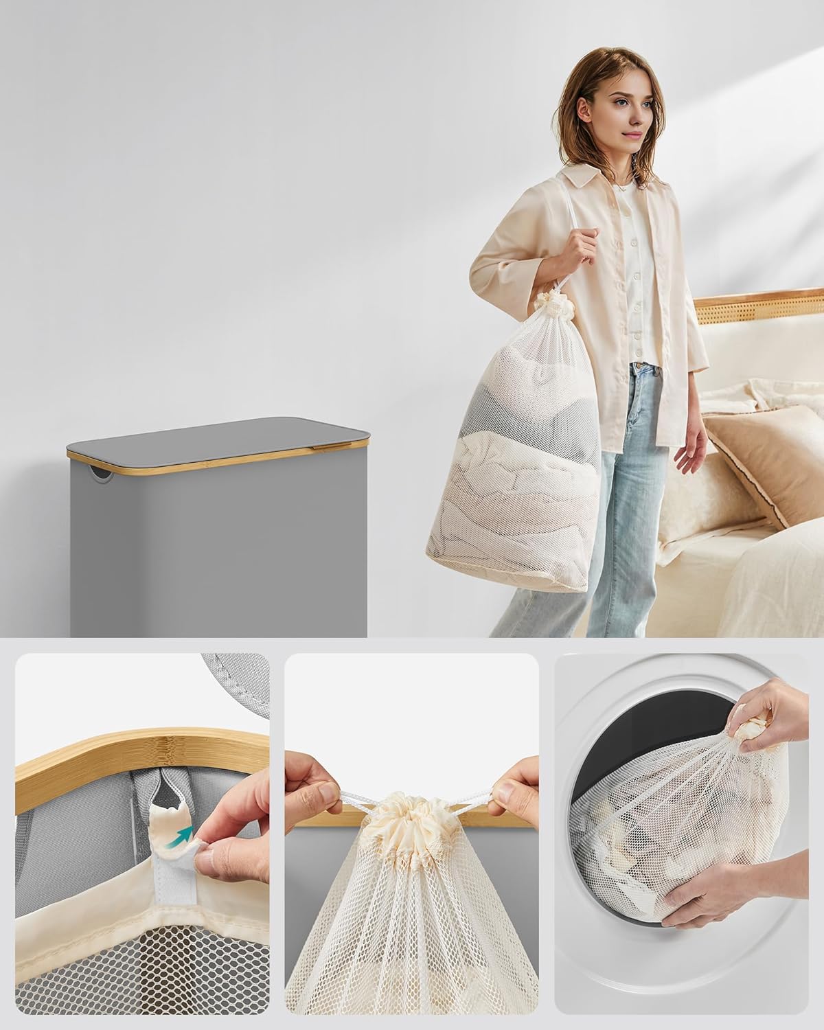 SONGMICS Cos de rufe textil, pliabil, cu 3 compartimente detasabile, 150L, 60x39x71 cm, gri - imagine 5