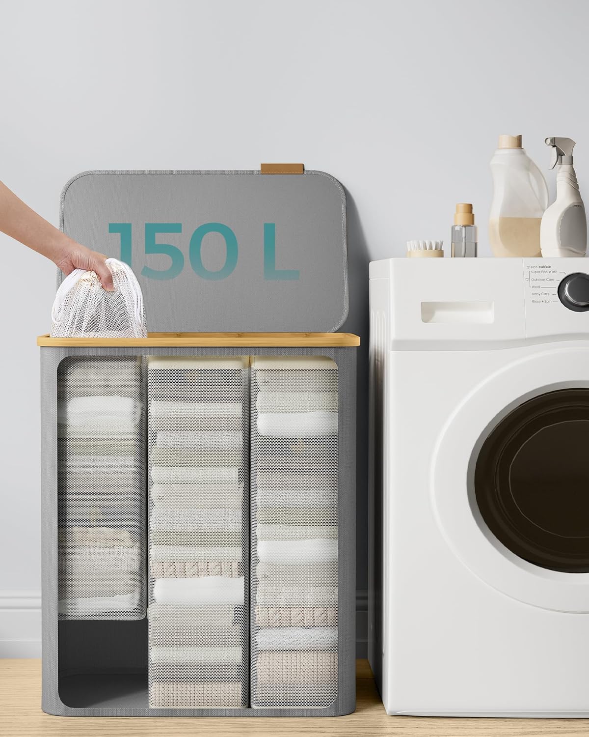 SONGMICS Cos de rufe textil, pliabil, cu 3 compartimente detasabile, 150L, 60x39x71 cm, gri - imagine 6