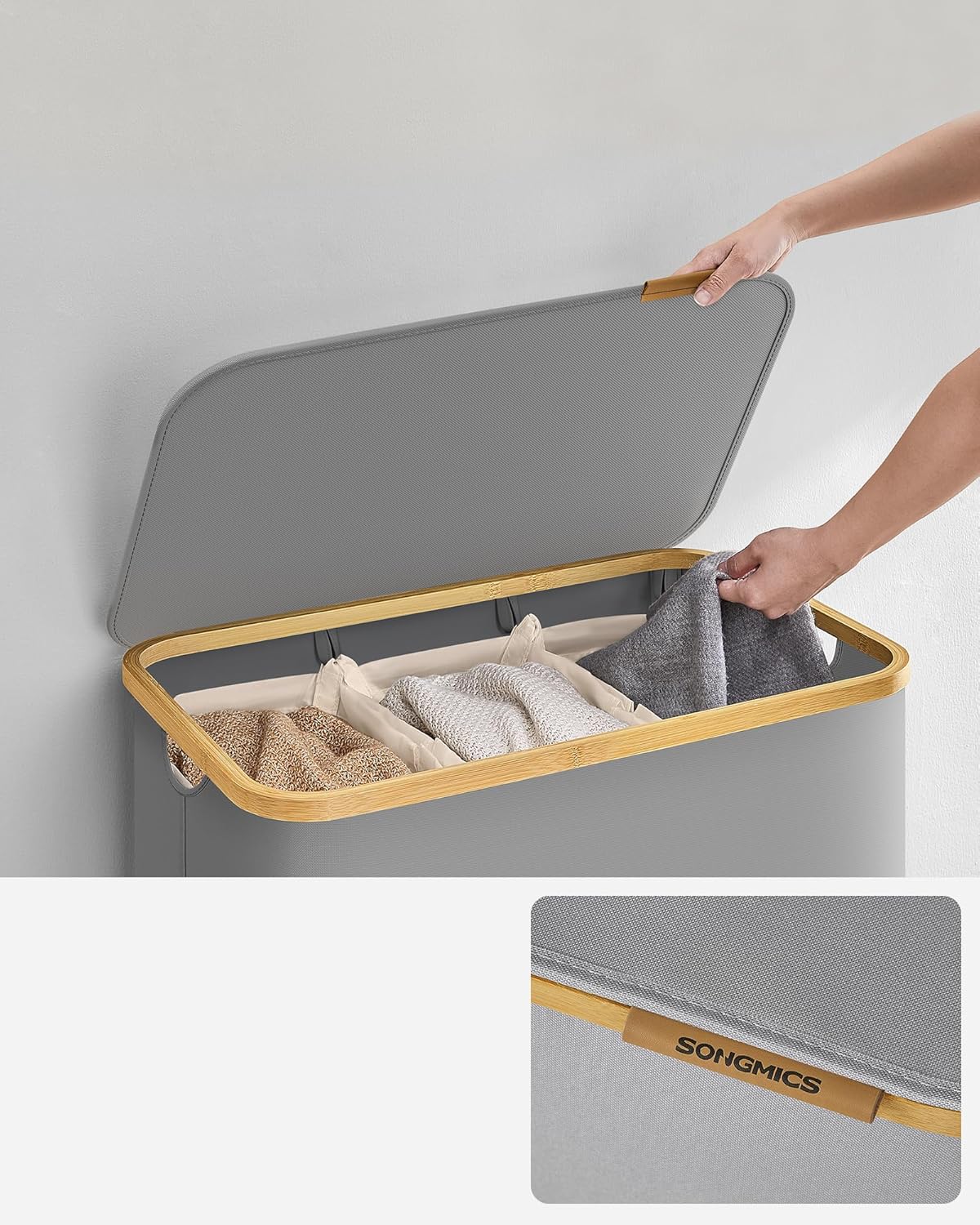 SONGMICS Cos de rufe textil, pliabil, cu 3 compartimente detasabile, 150L, 60x39x71 cm, gri - imagine 8