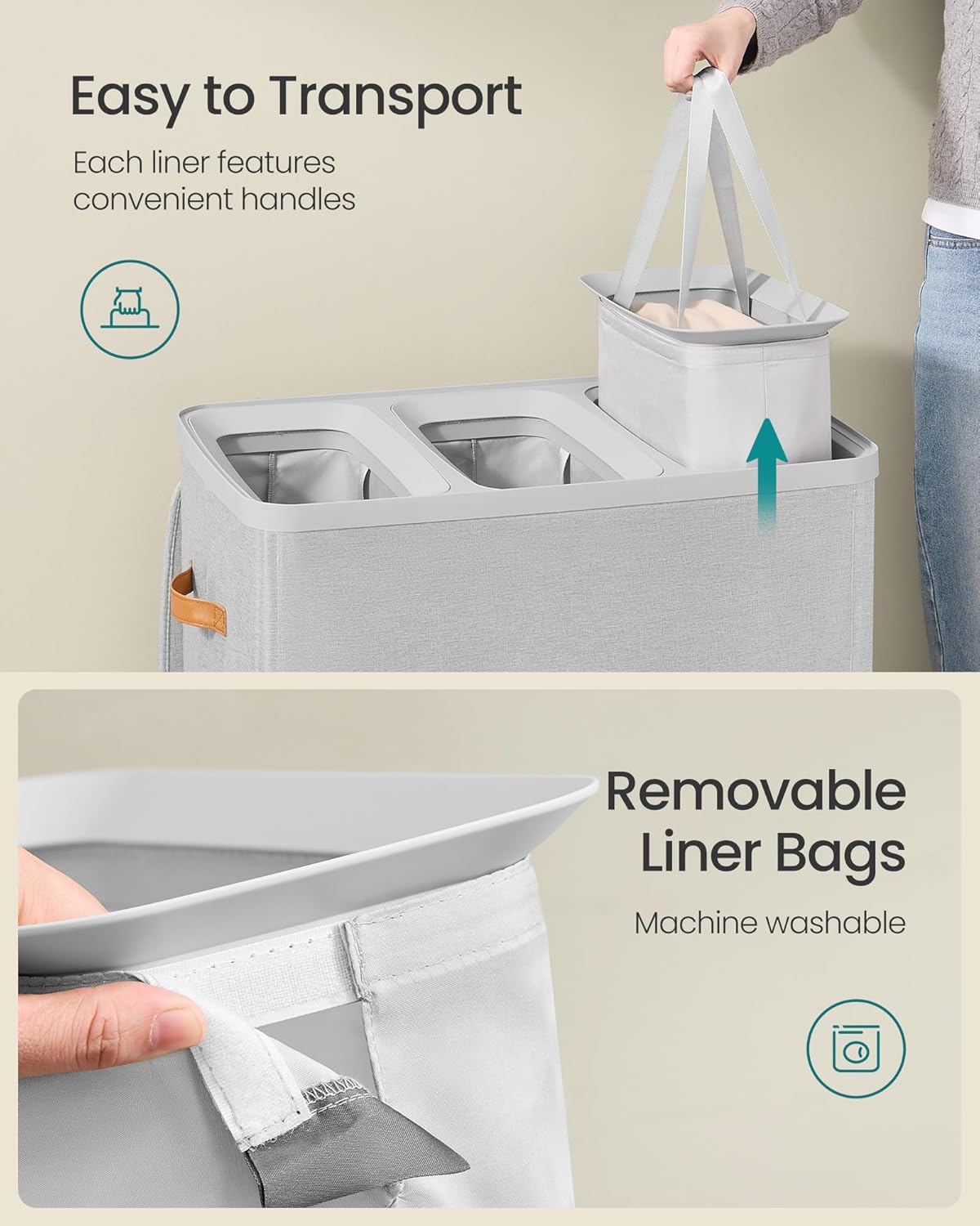 SONGMICS Cos rufe cu 3 compartimente si capac, saci detasabili cu maner, 190 litri, 64x40x75 cm, gri - imagine 2