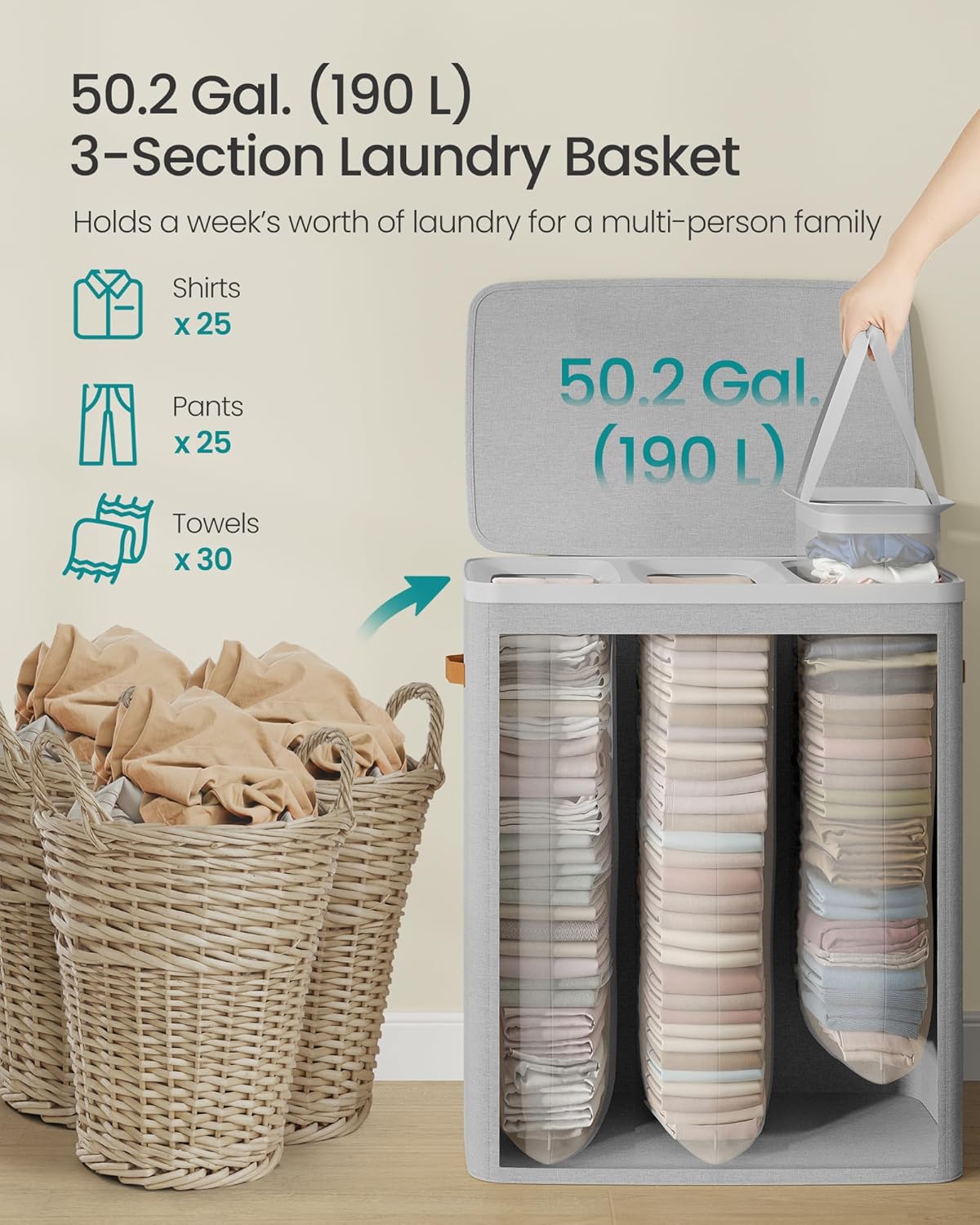 SONGMICS Cos rufe cu 3 compartimente si capac, saci detasabili cu maner, 190 litri, 64x40x75 cm, gri - imagine 5