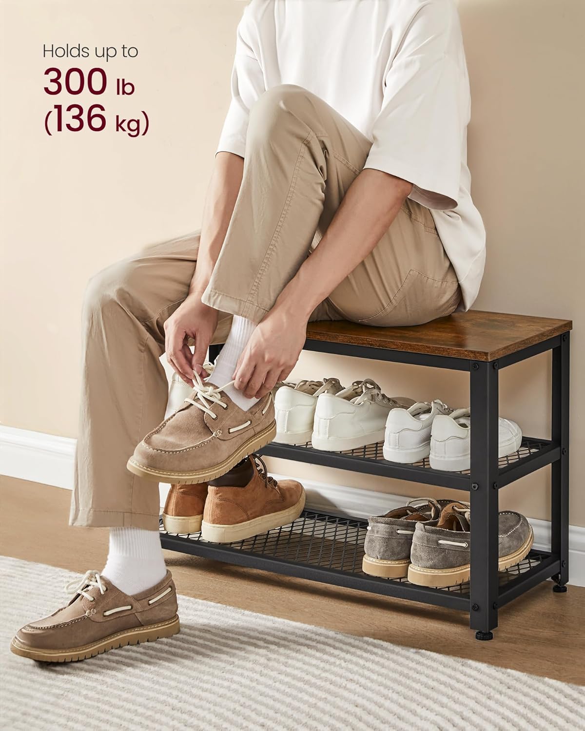 VASAGLE Cuier hol 2 piese cu banca si suport pantofi, 7 carlige, 2 polite, PAL si cadru metalic, 73x30x45 cm, maro rustic - imagine 2