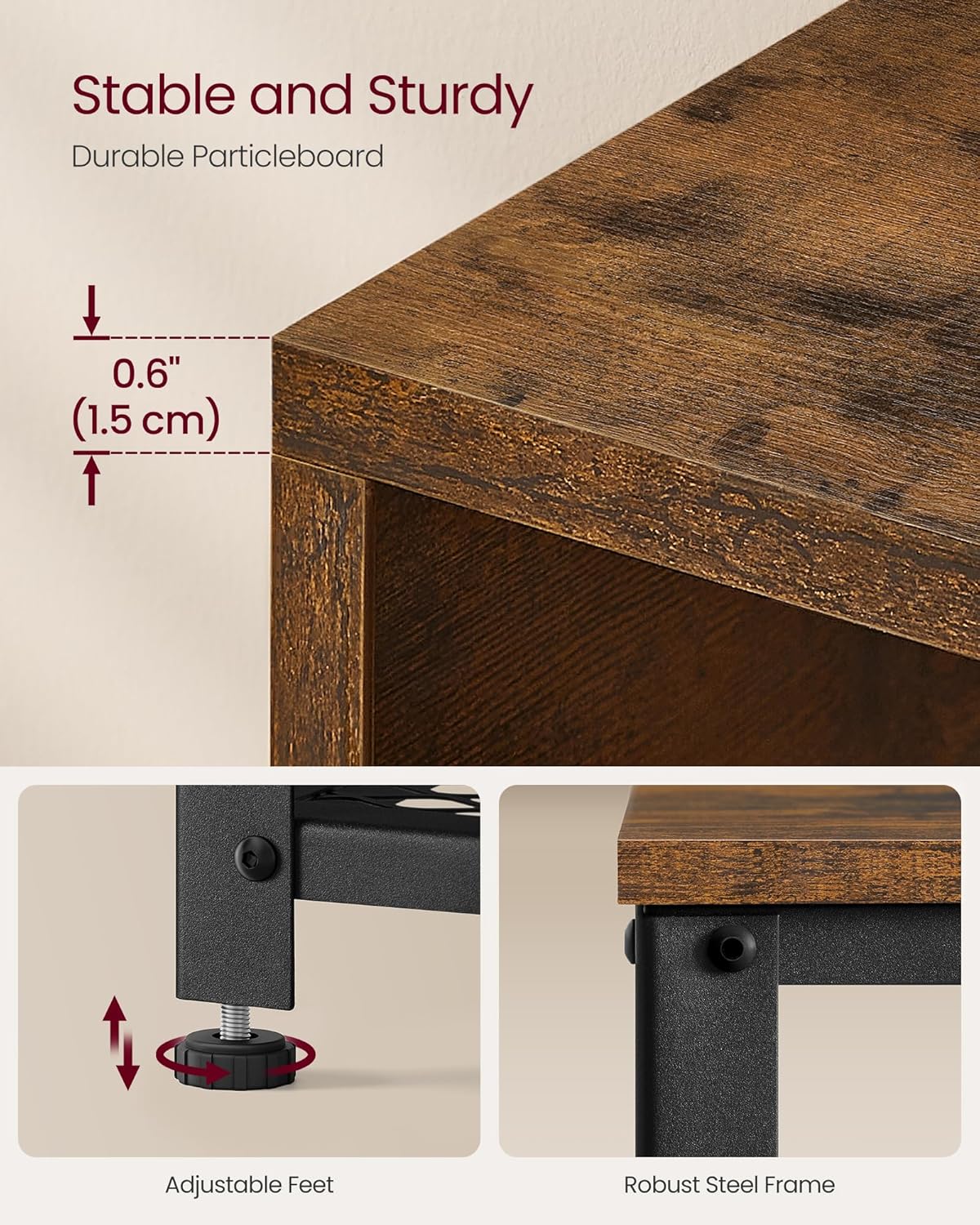 VASAGLE Cuier hol 2 piese cu banca si suport pantofi, 7 carlige, 2 polite, PAL si cadru metalic, 73x30x45 cm, maro rustic - imagine 5