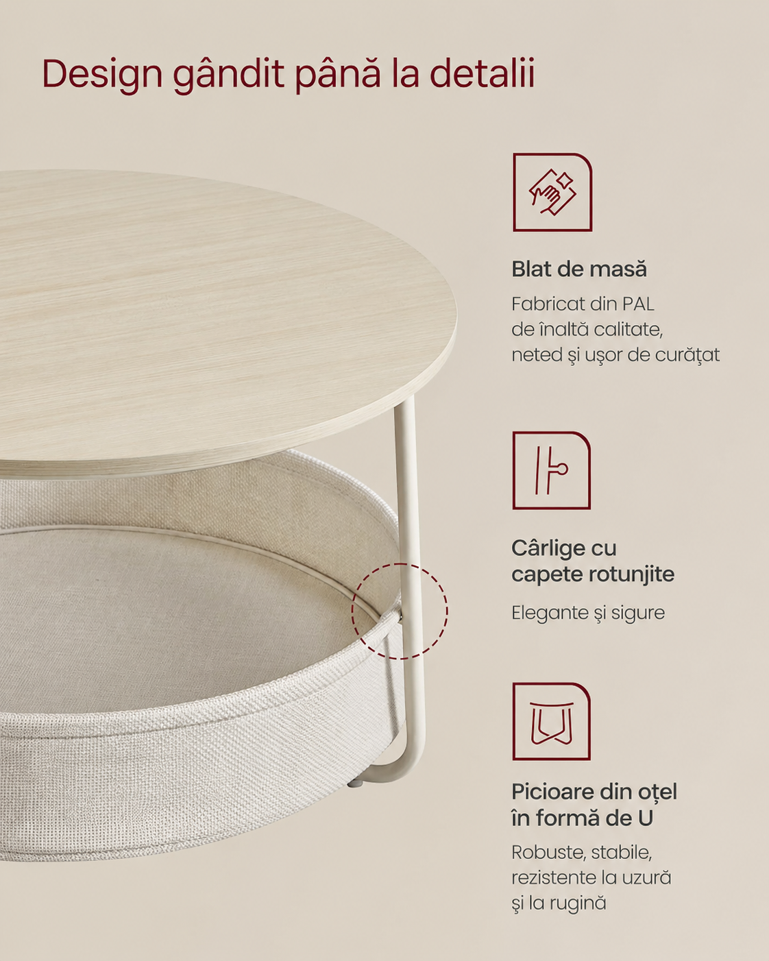 VASAGLE Masuta de cafea rotunda cu cos de stofa, stil modern, 45x75cm, bej cu crem - imagine 4