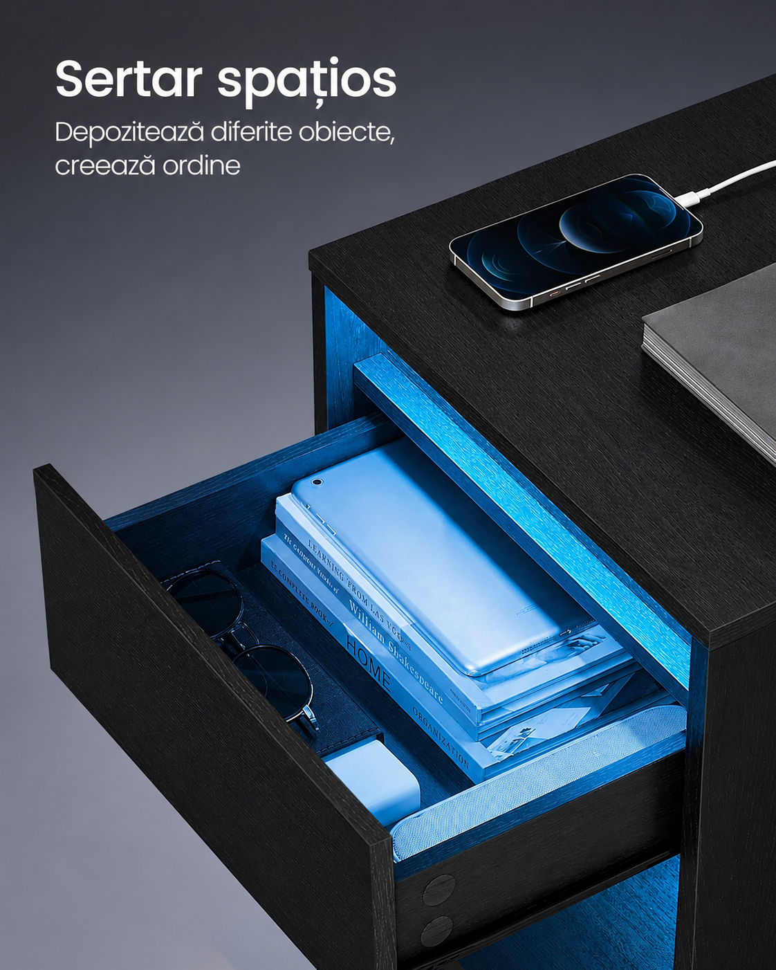 VASAGLE Noptiera cu iluminare LED reglabila, prize si porturi USB, sertar si raft, MDF si PAL, 40x35x55 cm, negru - imagine 5