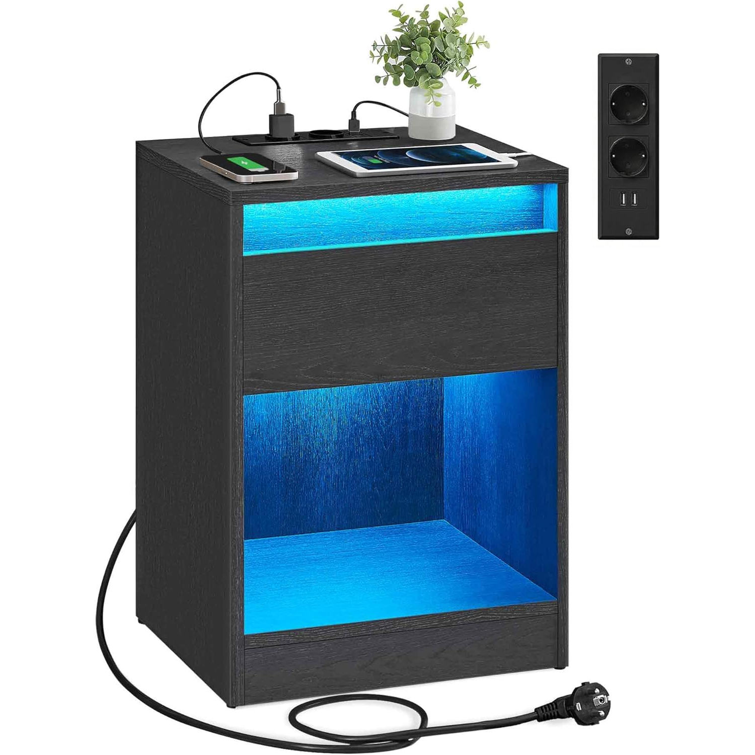 VASAGLE Noptiera cu iluminare LED reglabila, prize si porturi USB, sertar si raft, MDF si PAL, 40x35x55 cm, negru - imagine 8