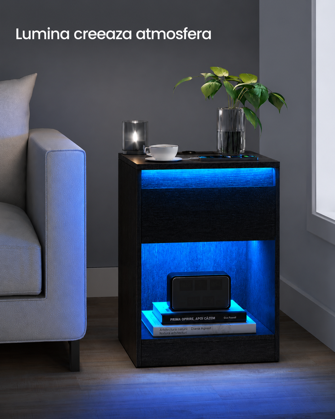 VASAGLE Noptiera cu iluminare LED reglabila, prize si porturi USB, sertar si raft, MDF si PAL, 40x35x55 cm, negru - imagine 6