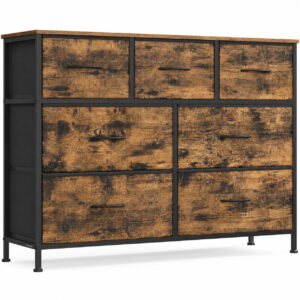 SONGMICS Comoda cu 7 sertare, cadru metalic si blat MDF, sertare textile, 99x30x74 cm, maro rustic