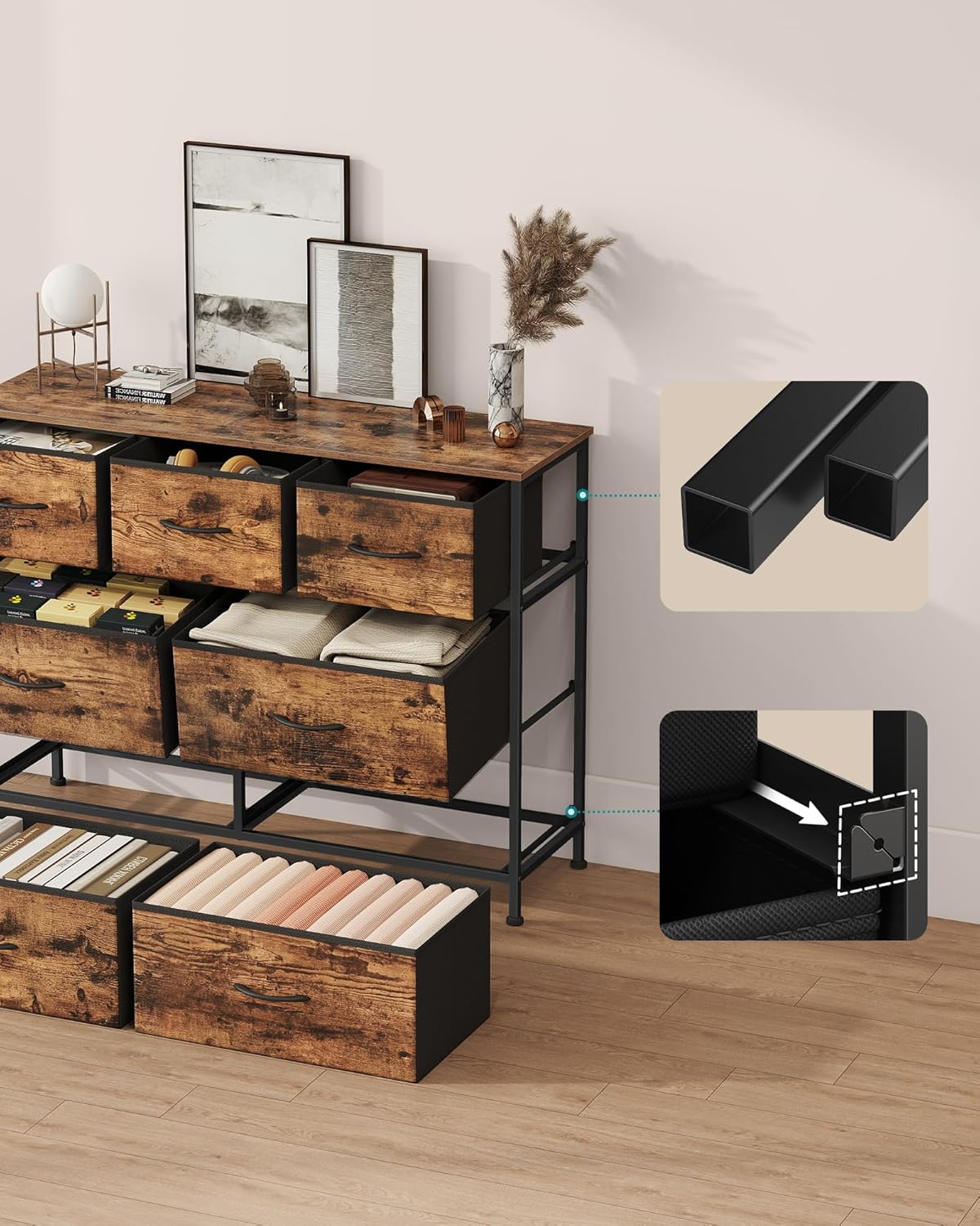 SONGMICS Comoda cu 7 sertare, cadru metalic si blat MDF, sertare textile, 99x30x74 cm, maro rustic - imagine 2