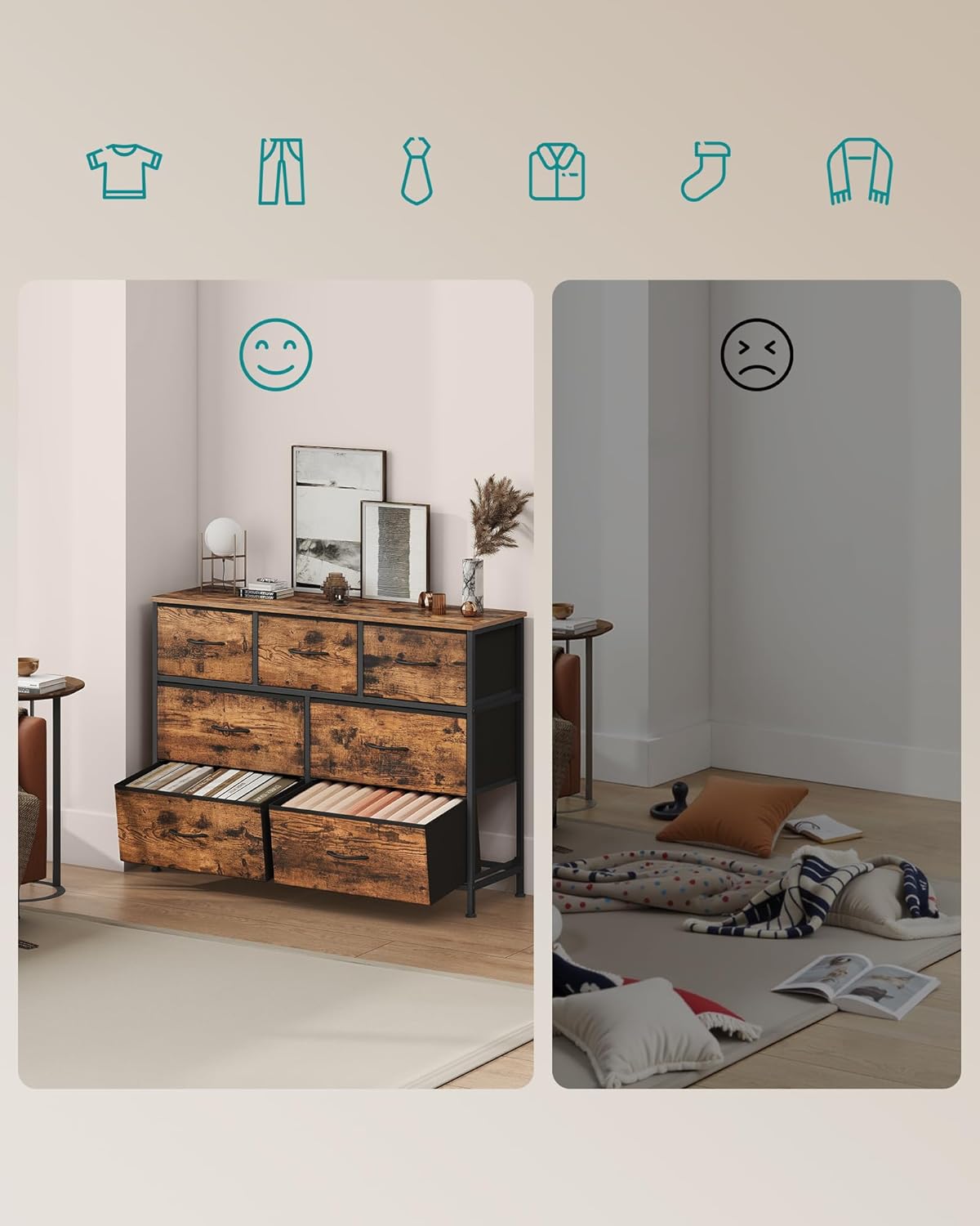 SONGMICS Comoda cu 7 sertare, cadru metalic si blat MDF, sertare textile, 99x30x74 cm, maro rustic - imagine 5