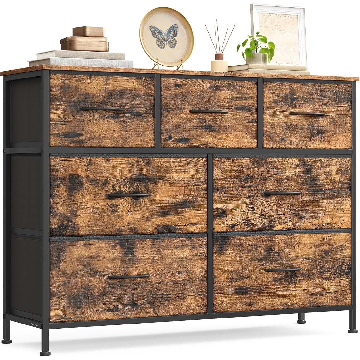 SONGMICS Comoda cu 7 sertare, cadru metalic si blat MDF, sertare textile, 99x30x74 cm, maro rustic - imagine 7