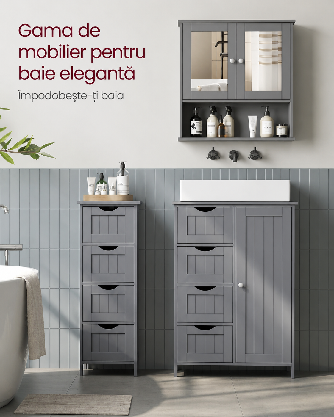 VASAGLE Dulap de baie de perete cu oglinda, 2 usi, compartiment deschis, rafturi reglabile, 13x56x58cm, gri - imagine 8