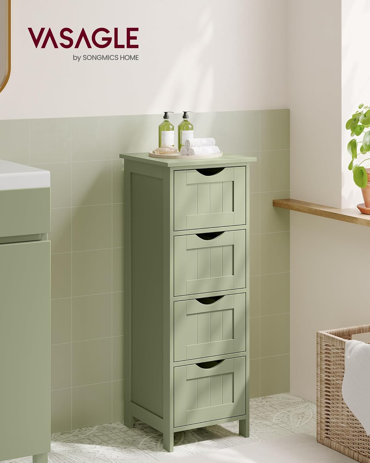 VASAGLE Dulap de depozitare de podea pentru baie, din lemn cu 4 sertare, 30x30x82cm, verde - imagine 2