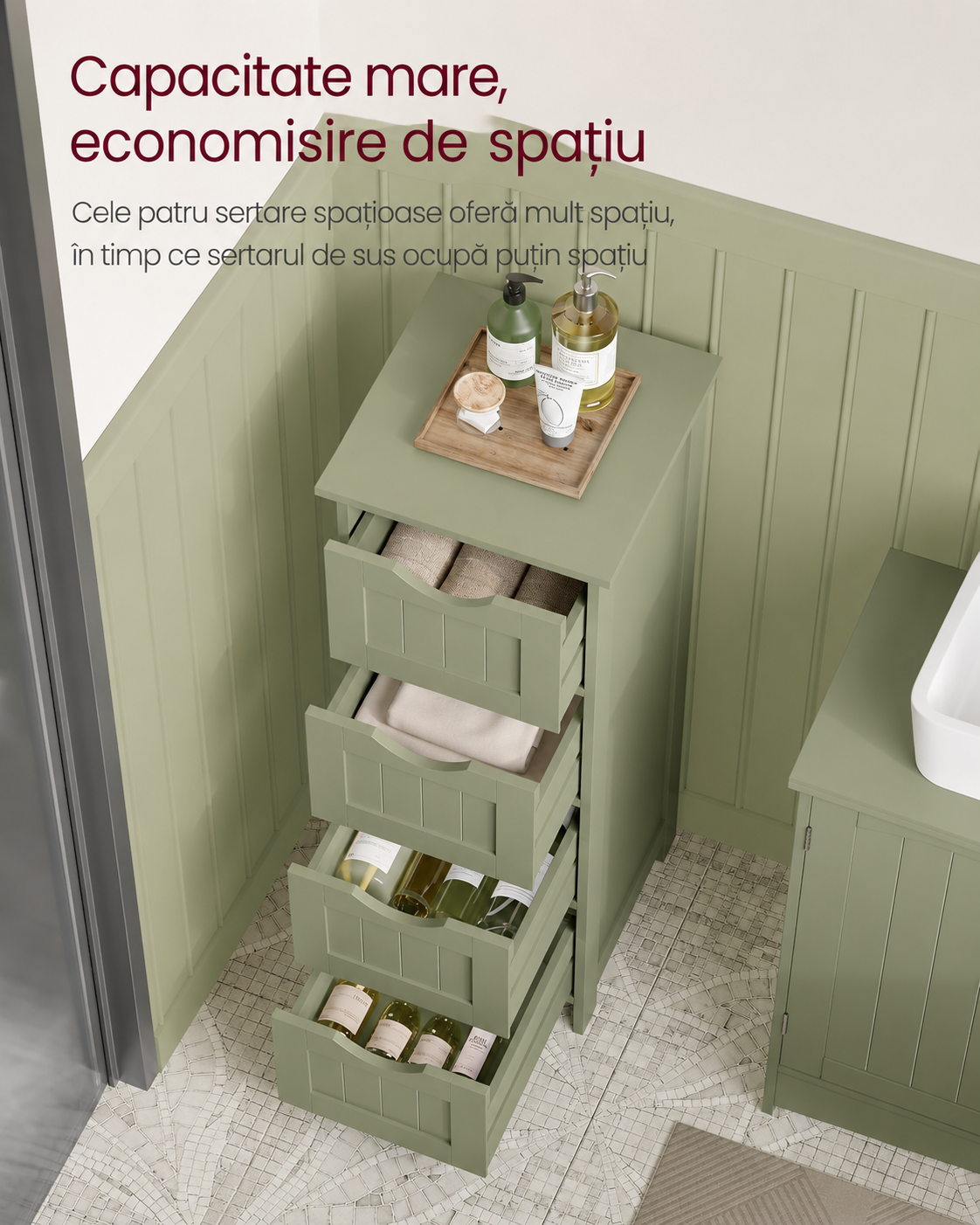 VASAGLE Dulap de depozitare de podea pentru baie, din lemn cu 4 sertare, 30x30x82cm, verde - imagine 5