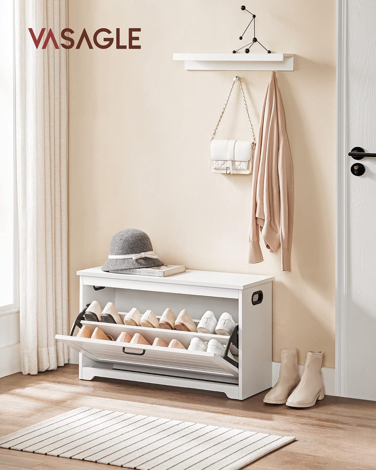 VASAGLE Bancuta pentru pantofi cu usa rabatabila si compartiment interior reglabil, 80x30x46 cm, alb - imagine 9