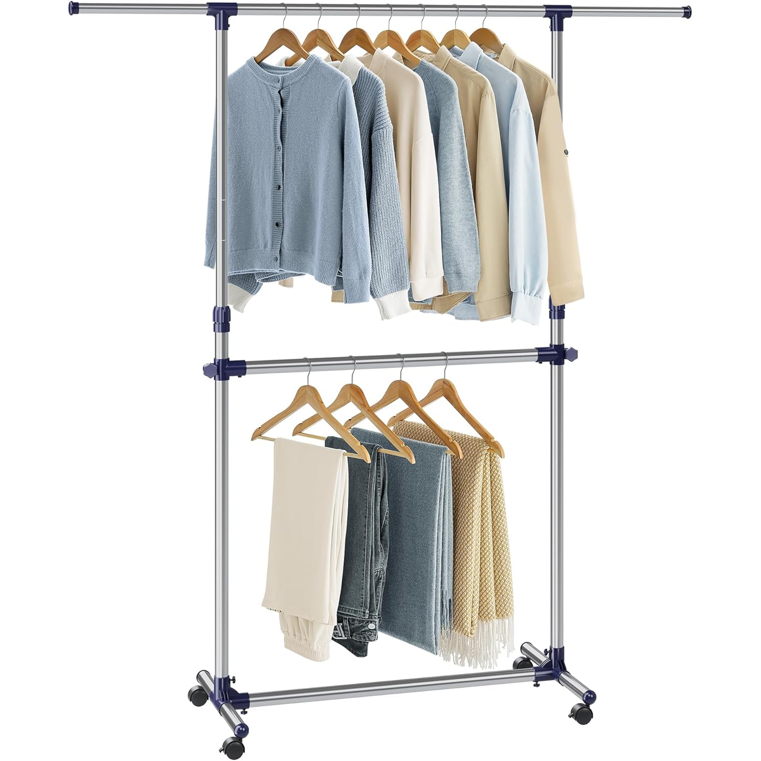 SONGMICS Suport pentru haine cu sina superioara extensibila 101-165 cm, pe roti, reglabil in inaltime 113-180 cm, argintiu - imagine 10