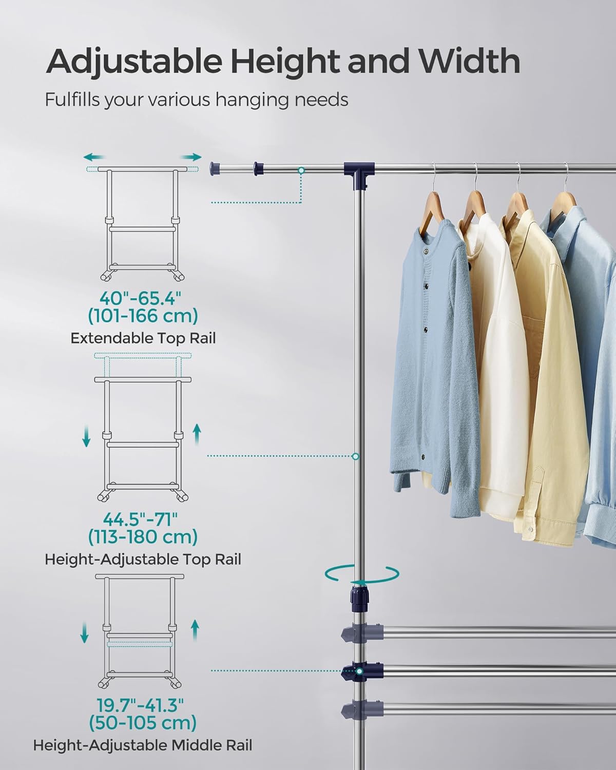 SONGMICS Suport pentru haine cu sina superioara extensibila 101-165 cm, pe roti, reglabil in inaltime 113-180 cm, argintiu - imagine 5