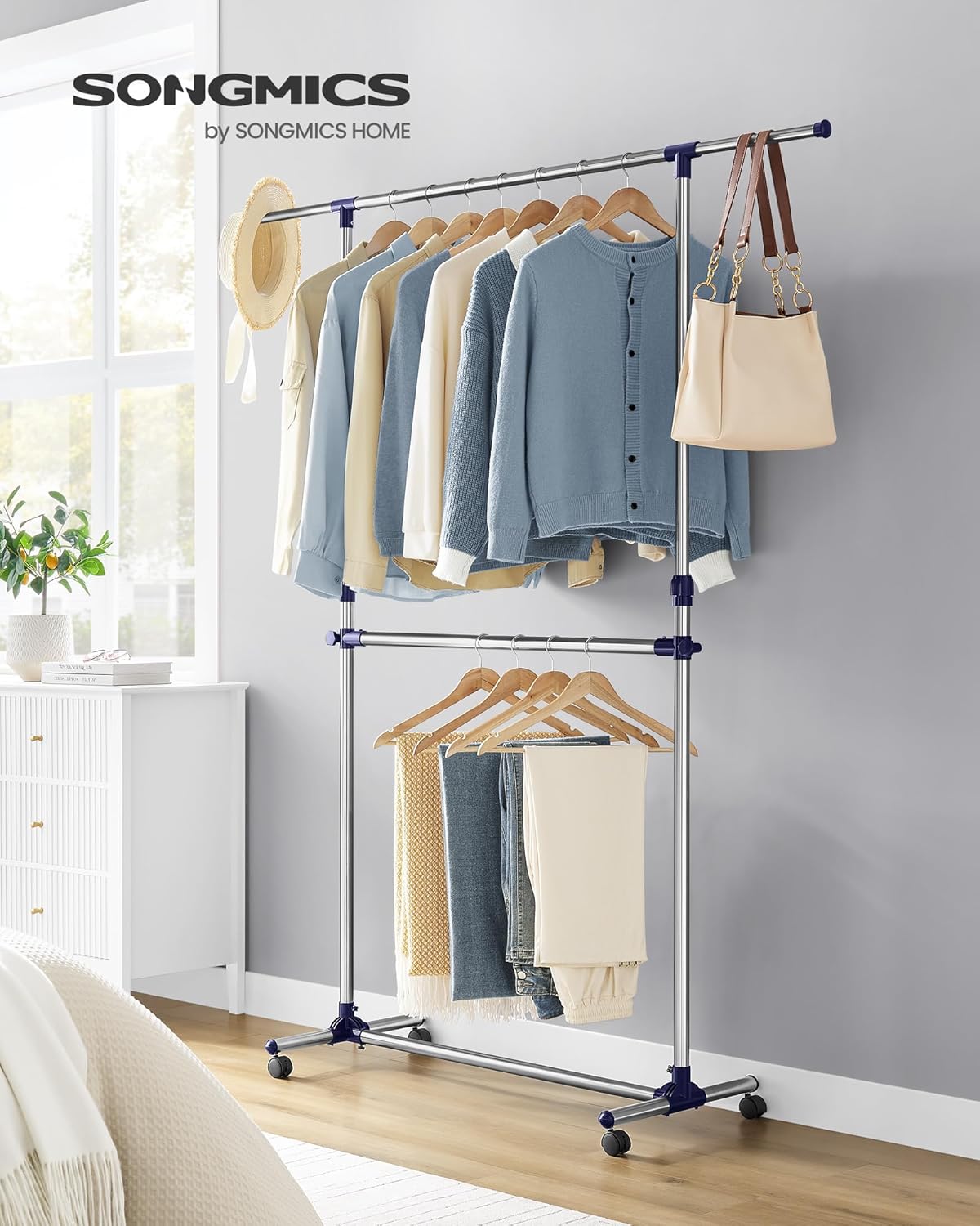 SONGMICS Suport pentru haine cu sina superioara extensibila 101-165 cm, pe roti, reglabil in inaltime 113-180 cm, argintiu - imagine 7
