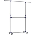 SONGMICS Suport pentru haine cu sina superioara extensibila 101-165 cm, pe roti, reglabil in inaltime 113-180 cm, argintiu