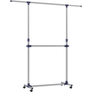 SONGMICS Suport pentru haine cu sina superioara extensibila 101-165 cm, pe roti, reglabil in inaltime 113-180 cm, argintiu