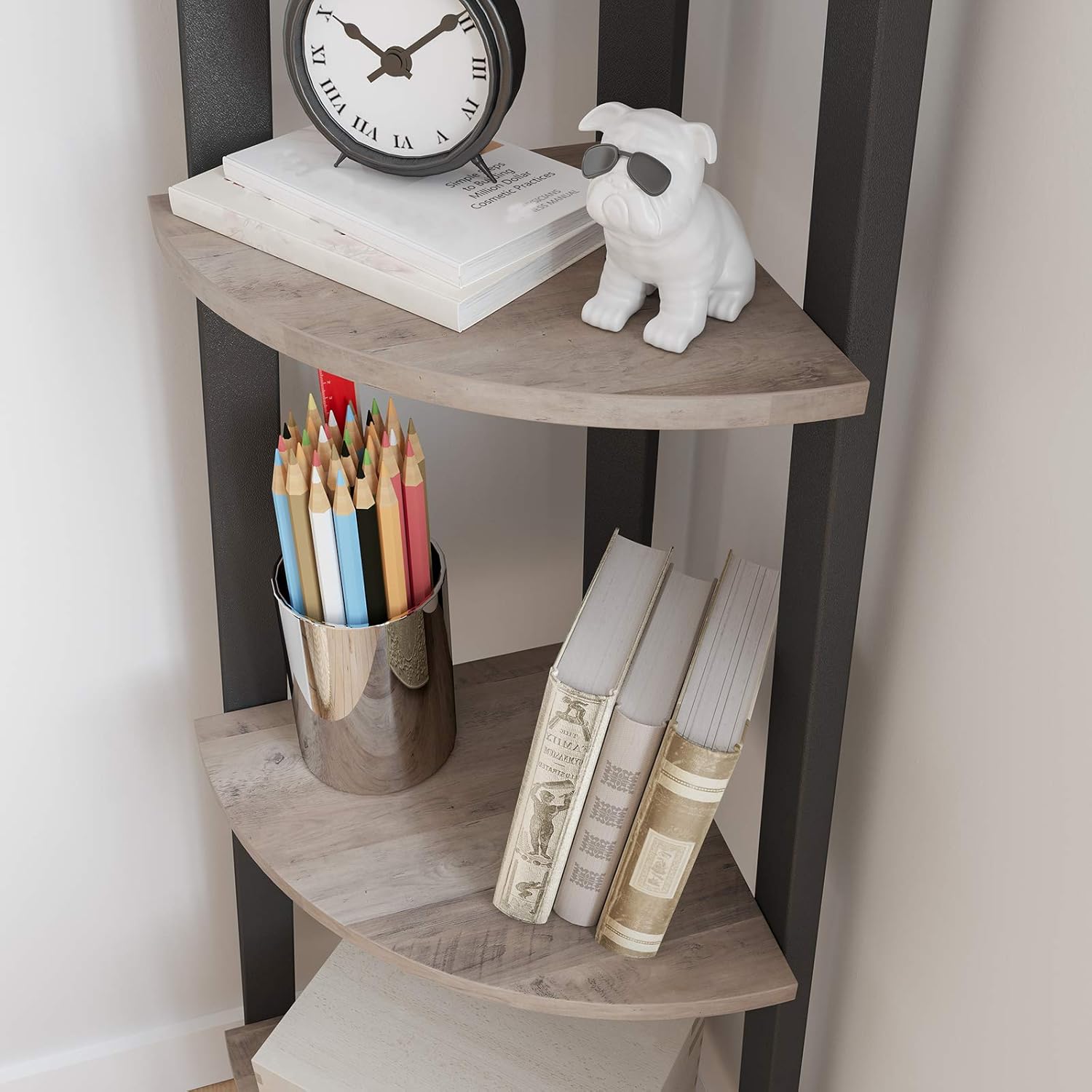 VASAGLE Raft de colt cu 4 etaje, tip biblioteca, cadru metal si polite lemn, 34x34x125 cm, gri stejar si negru - imagine 3
