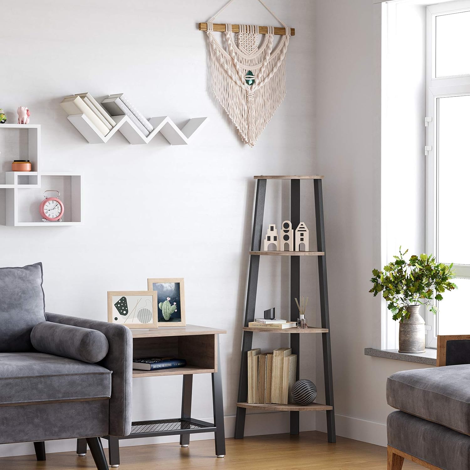 VASAGLE Raft de colt cu 4 etaje, tip biblioteca, cadru metal si polite lemn, 34x34x125 cm, gri stejar si negru - imagine 4