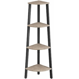 VASAGLE Raft de colt cu 4 etaje, tip biblioteca, cadru metal si polite lemn, 34x34x125 cm, gri stejar si negru