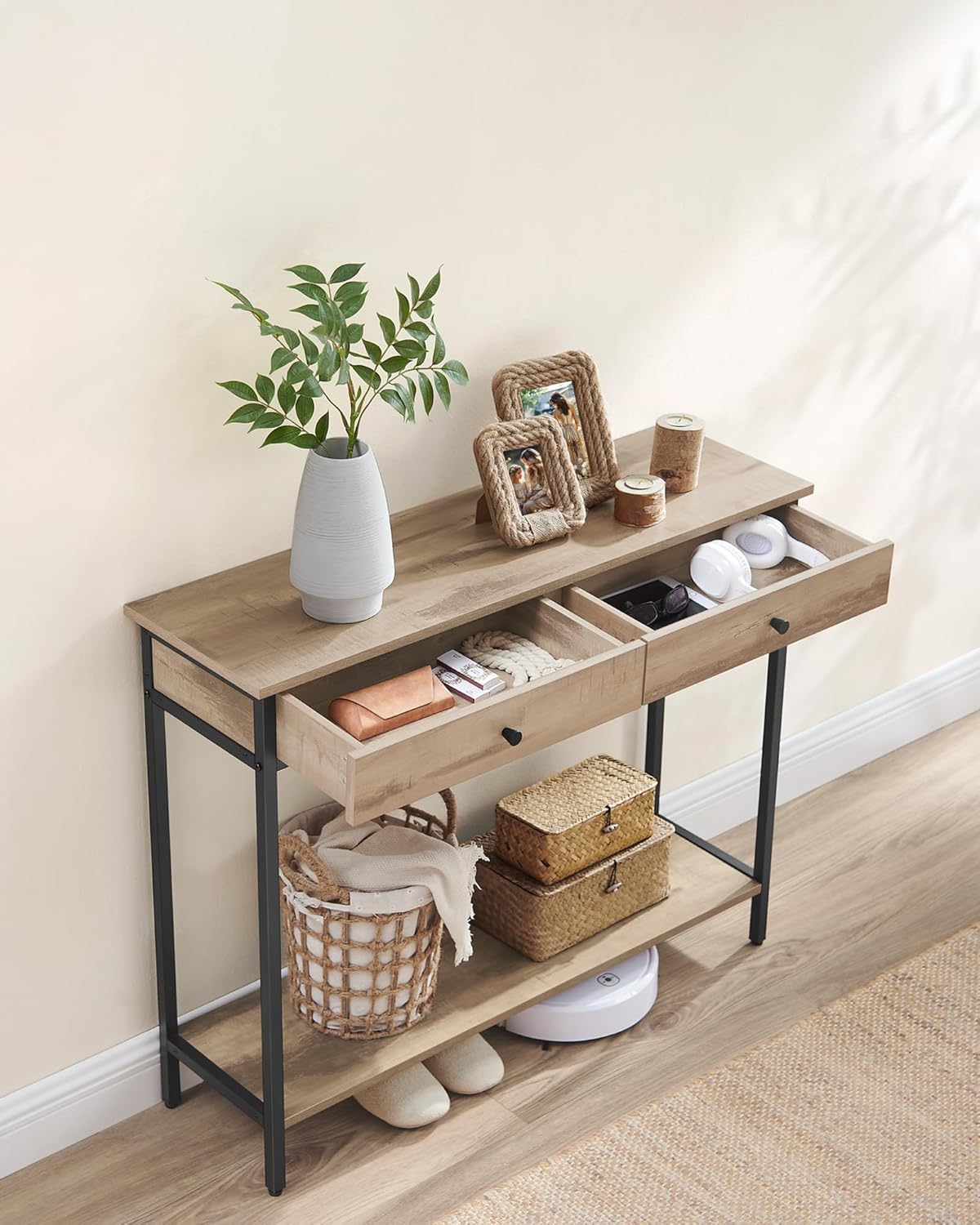 VASAGLE Masa tip consola cu 2 sertare, blat aspect lemn si cadru metalic, stil industrial, 100x30x80 cm, maro camel - imagine 3