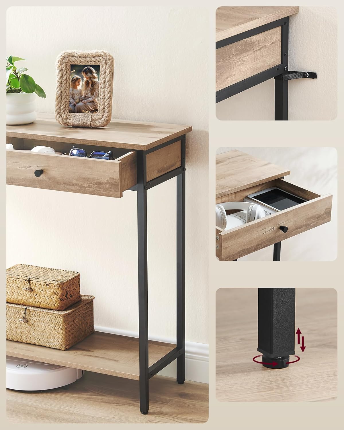VASAGLE Masa tip consola cu 2 sertare, blat aspect lemn si cadru metalic, stil industrial, 100x30x80 cm, maro camel - imagine 4