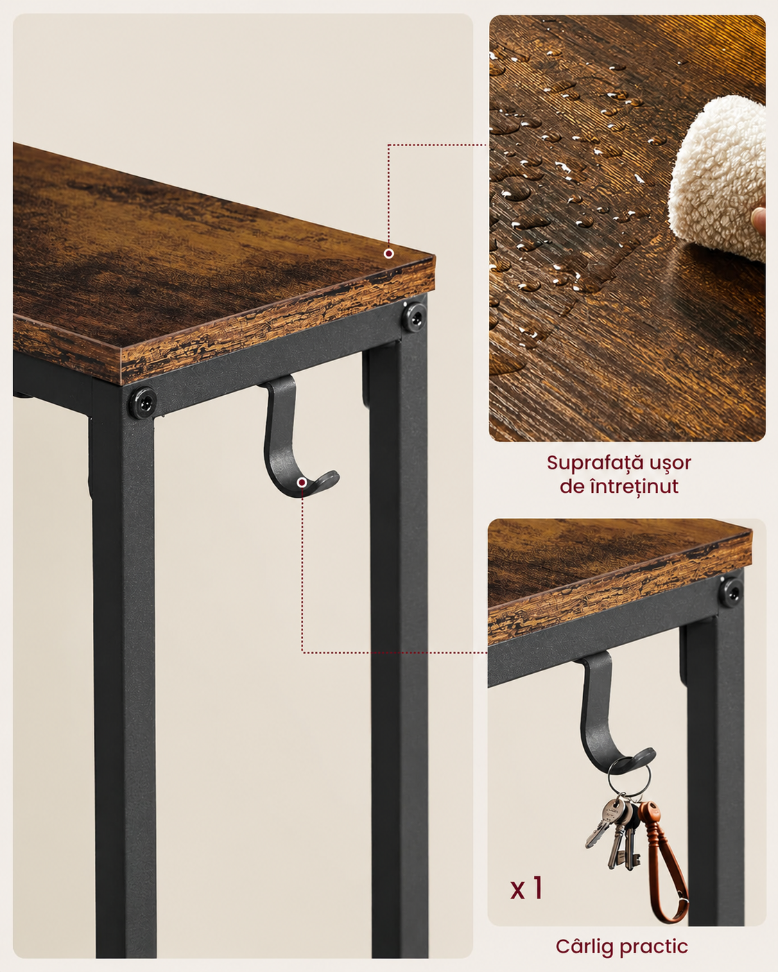 VASAGLE Masa tip consola ingusta cu statie de incarcare, prize si porturi USB, cadru metalic, 100x15x80 cm, maro rustic - imagine 3