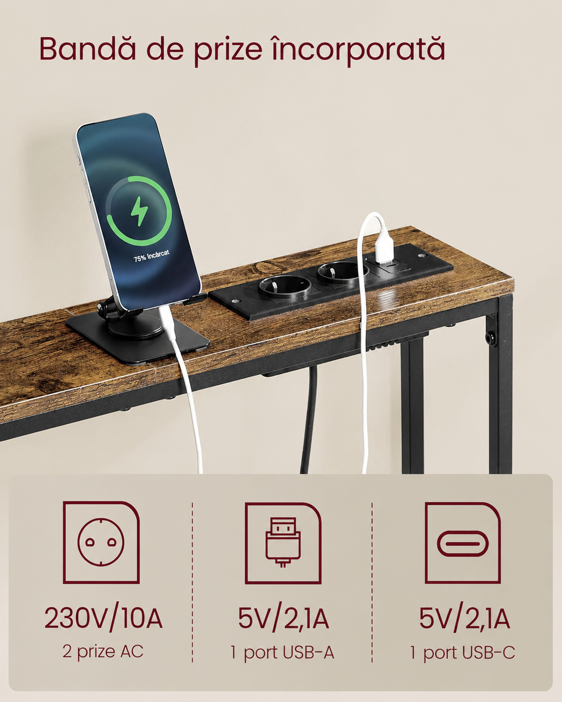 VASAGLE Masa tip consola ingusta cu statie de incarcare, prize si porturi USB, cadru metalic, 100x15x80 cm, maro rustic - imagine 5