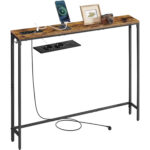 VASAGLE Masa tip consola ingusta cu statie de incarcare, prize si porturi USB, cadru metalic, 100x15x80 cm, maro rustic